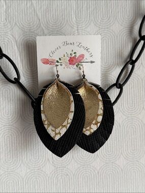 Clever Bear Leathers Gold & Black Layered Leaf Dangle Earrings